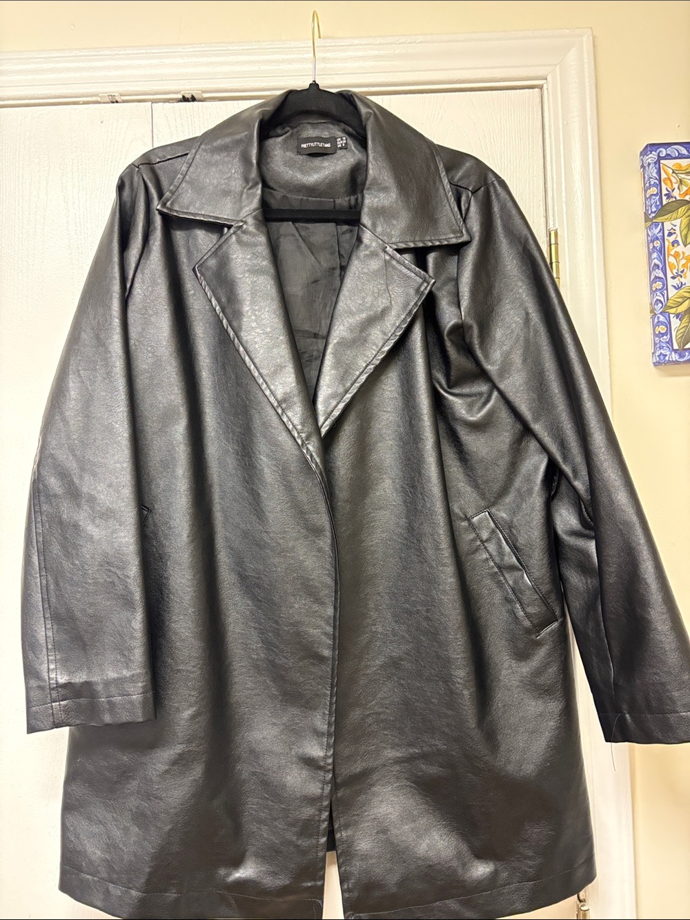 Black Faux Leather Long Coat size 6